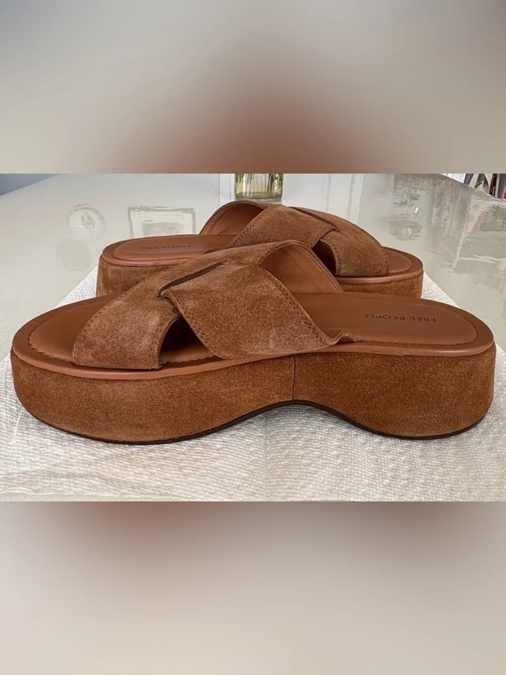 Free People Asbury Camel Brown Criss Cross Suede Platform Slide Sandals